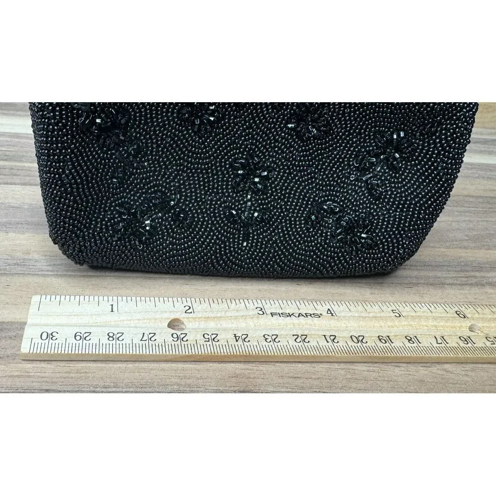 Flower Beaded Pattern Vintage Kiss Clasp Black Clutch Purse With‎ Hand Strap